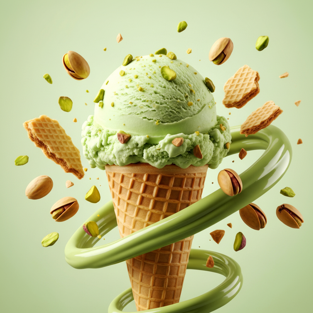 Tiparii pistachio ice cream cone with waffle pieces and pistachios